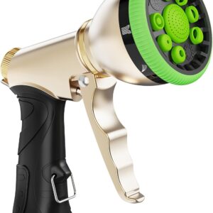 Gold Tone Metal Hose Nozzle with Adjustable Green Spray Head