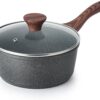 Speckled Nonstick Saucepan with Wood Grain Handle and Glass Lid