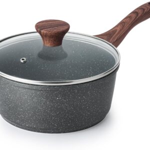 Speckled Nonstick Saucepan with Wood Grain Handle and Glass Lid